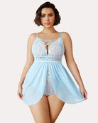 Light blue plus size lace babydoll nighty with crisscross neckline and sheer skirt
