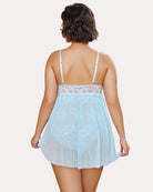 Plus-size lace nightgown with light blue lace trim straps and sheer back babydoll skirt