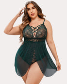 Green lace v-neck babydoll nighty with crisscross front and snap crotch