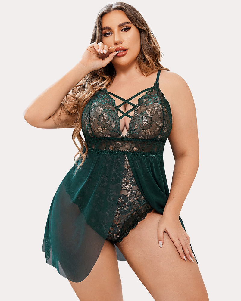 Green lace v-neck babydoll nighty with crisscross front and sheer tulle skirt