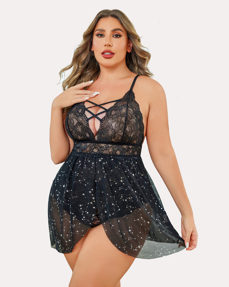 Plus-size lace nightgown with crisscross neckline, black starry sheer babydoll skirt
