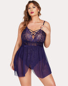 Plus size dark lace nighty, sheer babydoll with crisscross V-neck lace cups