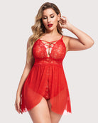 Plus size red lace nighty, sheer babydoll with strappy lace bust and lace hem