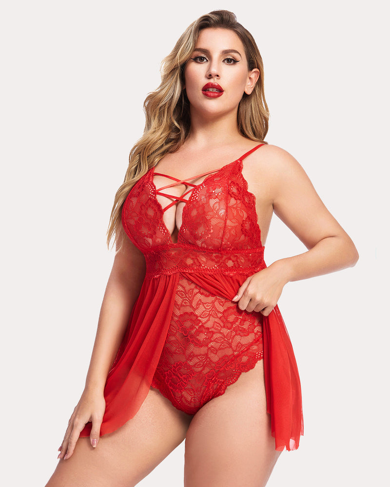 Plus size red lace nighty with crisscross V-neck lace bodice and sheer skirt