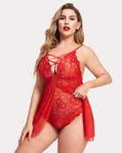 Plus size red lace nighty with crisscross V-neck lace bodice and sheer skirt