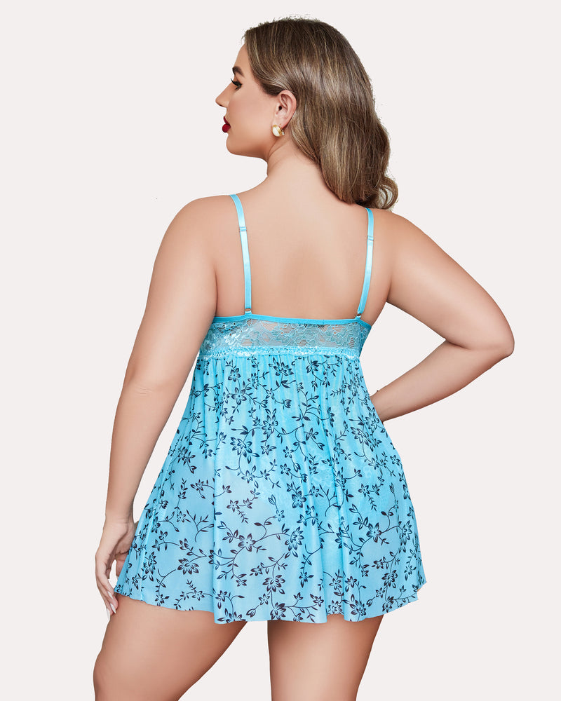 Plus size blue lace babydoll with floral print, strappy back and sheer skirt