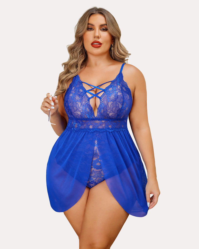 Plus size blue lace babydoll with crisscross neckline, sheer skirt overlay