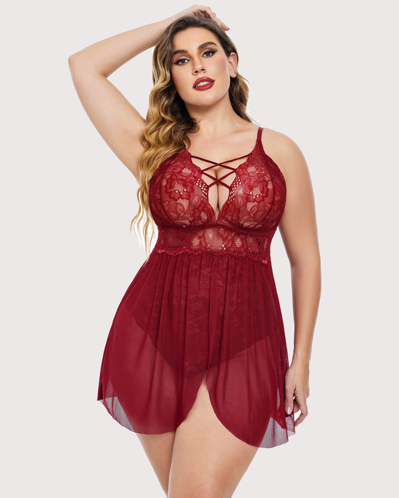 Plus size red lace nighty, sheer babydoll with crisscross V-neck lace cups