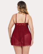Plus-size lace nightgown with lace back straps and sheer dark red babydoll hem