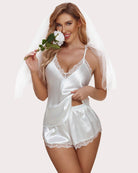 Champagne satin cami and shorts set with lace trim and scalloped hem