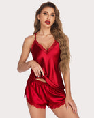 Red satin cami and shorts pajama set with lace V-neck and ruffled drawstring waist