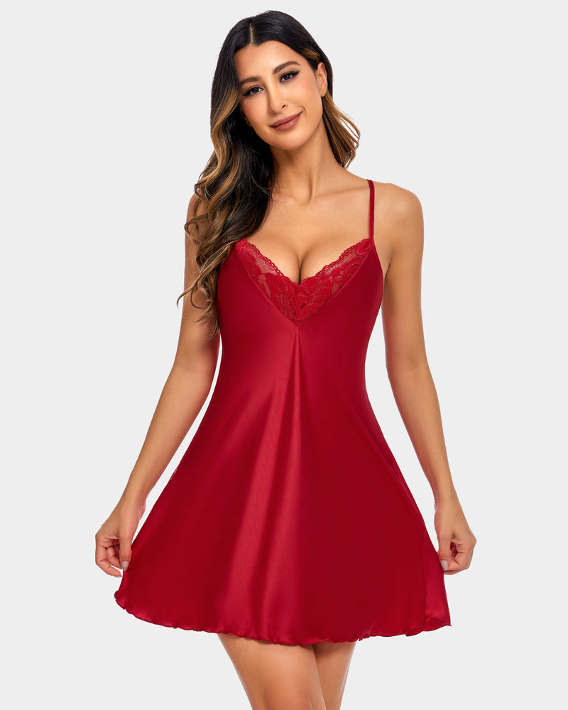 Red satin nightgown with lace V-neckline and wide flared skirt