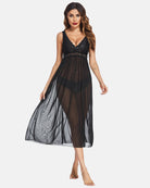 Black lace mesh V-neck chemise with sleeveless lace bodice and flowing skirt