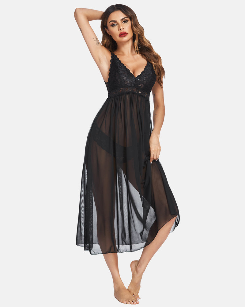 Black lace mesh V-neck chemise with scalloped neckline and gathered waist