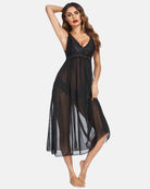Black lace mesh V-neck chemise with scalloped neckline and gathered waist