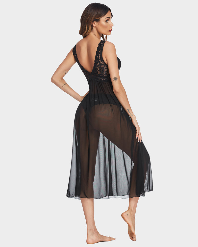 Black lace mesh V-neck chemise, lace back with open V and gathered waist