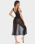 Black lace mesh V-neck chemise, lace back with open V and gathered waist