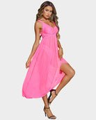 Neon pink lace V-neck chemise with gathered waist and flowing asymmetrical hem.