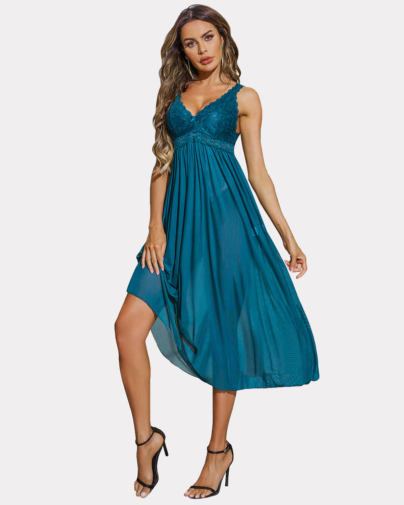 Teal lace mesh V-neck chemise with scalloped lace bodice and gathered skirt.