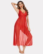 Red lace mesh V-neck chemise with lace bodice and flared sheer skirt