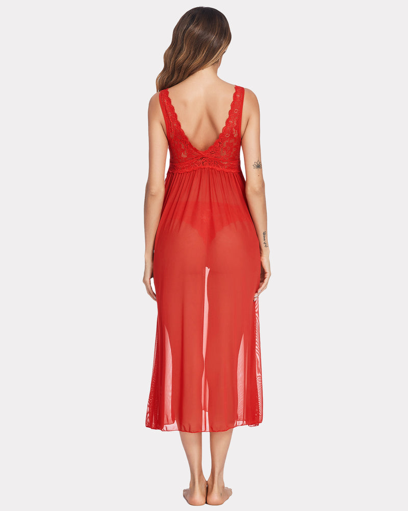 Red lace mesh V-neck chemise with lace back and flowing sheer mid-calf length