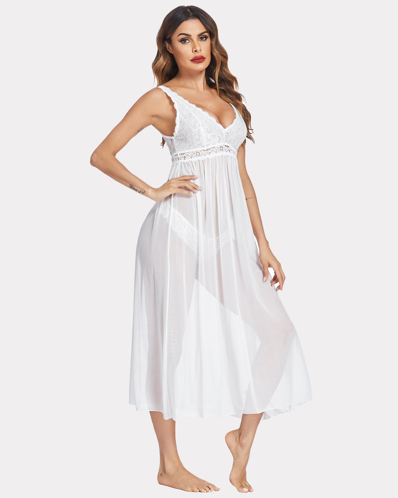 White lace-trim V-neck chemise with sheer tiered skirt and gathered waist.