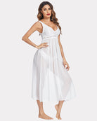 White lace-trim V-neck chemise with sheer tiered skirt and gathered waist.