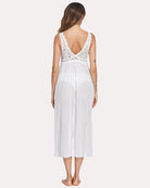 White lace-back V-neck chemise with scalloped back panel and flowing skirt.