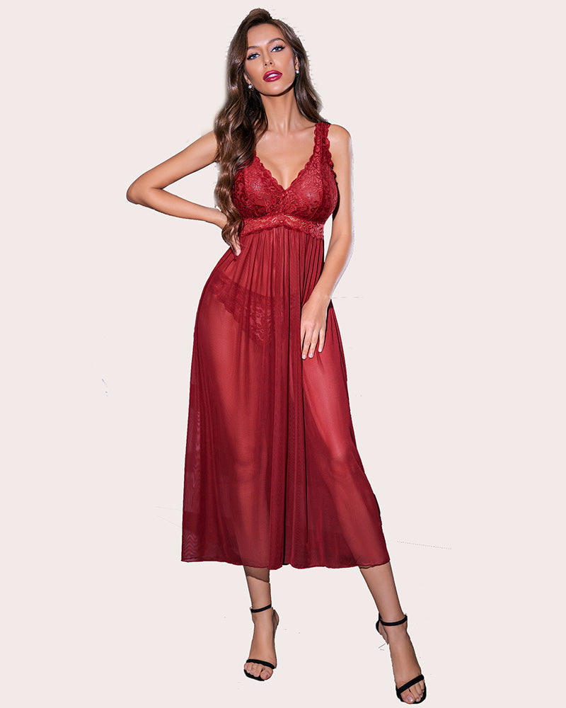 Wine red lace V-neck chemise with fitted lace bodice and long flowing skirt.