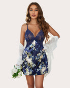 Blue floral satin nightgown with lace bodice and side slit hem; thin straps