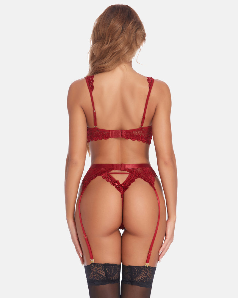 Red lace lingerie set, back view with garters and thigh stockings