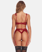 Red lace lingerie set, back view with garters and thigh stockings