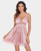 Pink satin lingerie slip dress with V-neck and lace hem, spaghetti straps