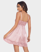 Back view pink lace-trim satin slip dress nightie with thin spaghetti straps
