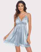 Light blue satin V-neck nightie with lace trim and adjustable spaghetti straps