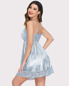 Back view light blue satin lace babydoll nightie slip dress with lace straps and trim