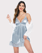 Light blue satin V-neck nightie with lace trim and matching lace hem