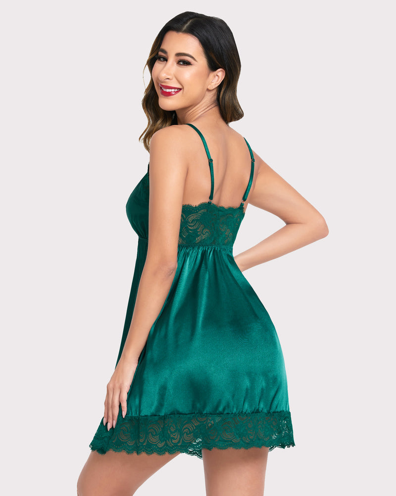Green satin lingerie slip dress with lace back, spaghetti straps and lace hem