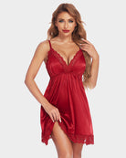 Red satin lingerie slip dress with lace V-neck and lace hem, thin spaghetti straps