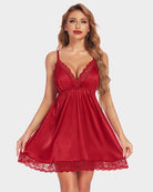 Red satin lingerie slip dress with lace V-neck and scalloped lace hem, spaghetti straps
