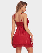 Red satin lingerie slip dress with lace back and scalloped lace hem, spaghetti straps