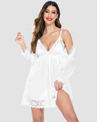 White satin V-neck nightie with lace trim and lace-lined sleeves