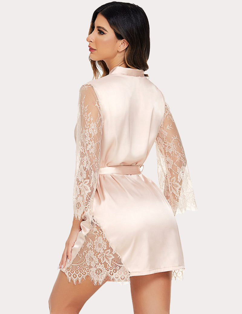 Champagne satin lace kimono robe nightgown with back view, waist tie, and lace sleeves