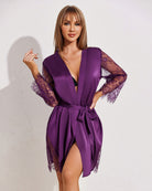 Purple satin lace kimono robe nightgown with V-neck, long lace sleeves, tie belt