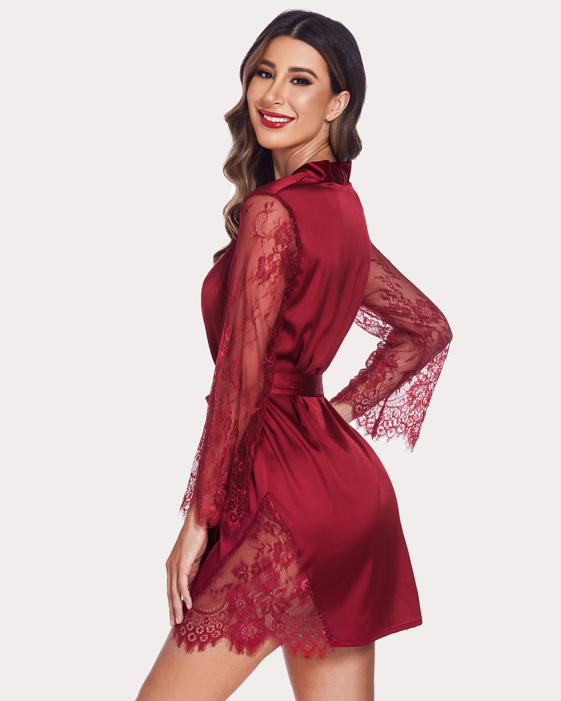 Wine red satin kimono robe with lace sleeves and tie belt