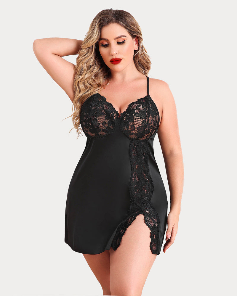 Black satin lace chemise with lace cups and scalloped side slit