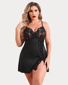 Black satin lace chemise with V-neck scalloped cups and side slit hem