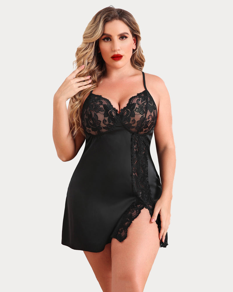 Black satin lace chemise with V-neck scalloped cups and side slit hem