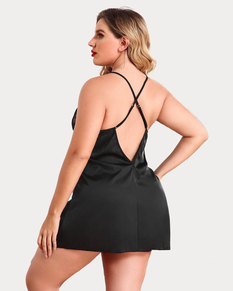 Black satin lace chemise with crisscross back straps and side slit