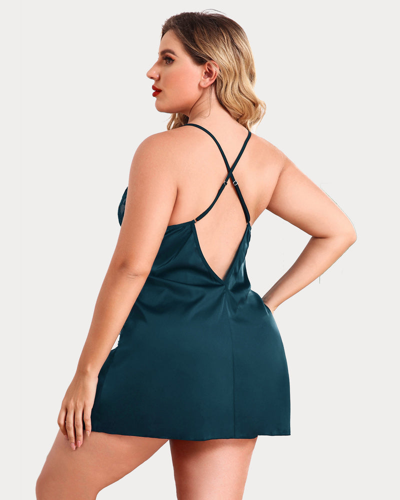 Teal satin lace chemise with crisscross back straps and side slit